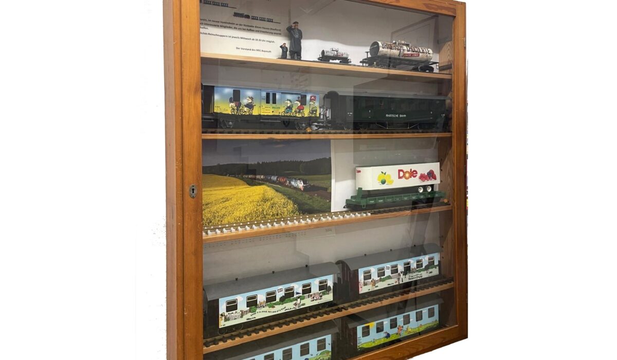 Vitrine mit zwei neuen Wagen von Train Line 45 "Shaun das Schaf".